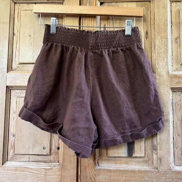 Reformation Elastic Waist Linen Shorts Dark Brown Summer Pull On Size Small - Picture 4 of 7